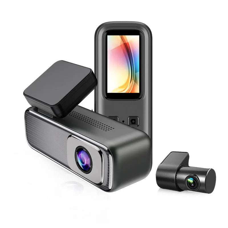 Black driving recorder dash cam with a 1.2-inch screen mounted on a car windscreen.