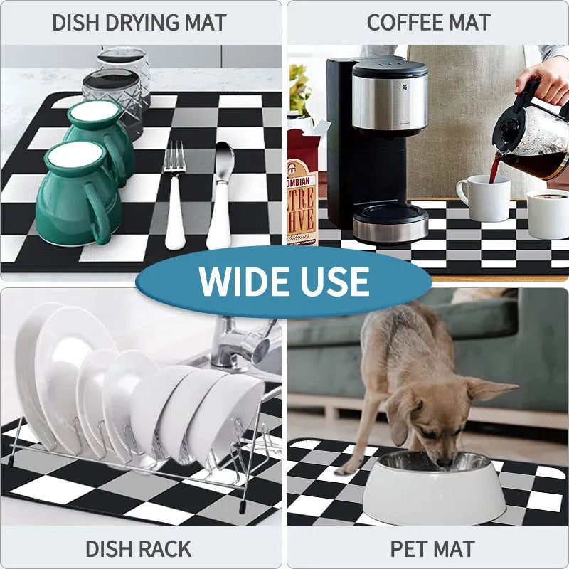 Black super absorbent square rubber drain pad mat on a kitchen countertop