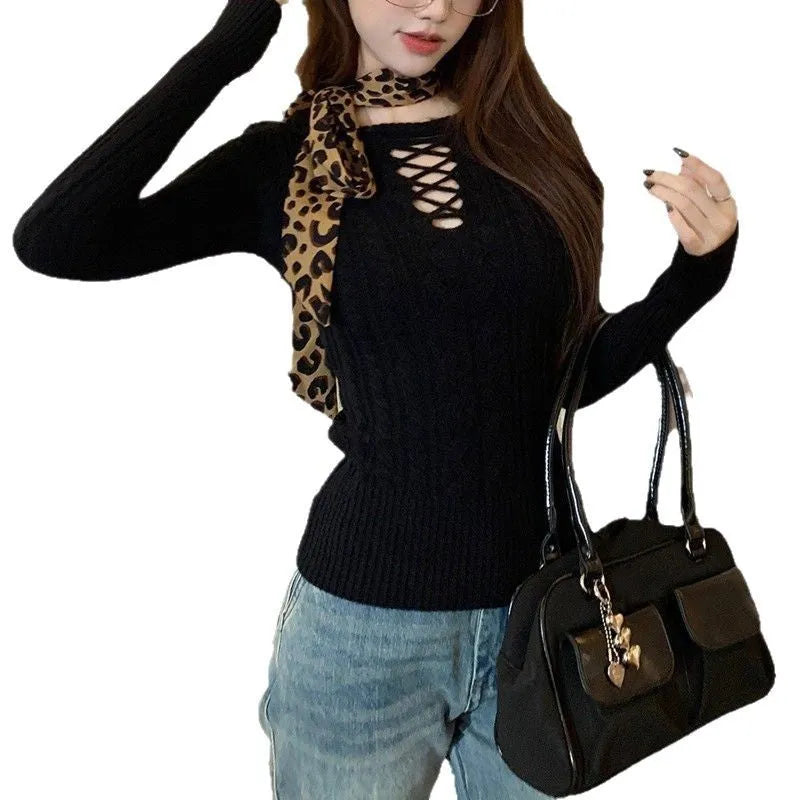 Knitted pullover slim fit hollow design long-sleeved top for women in beige red yellow black