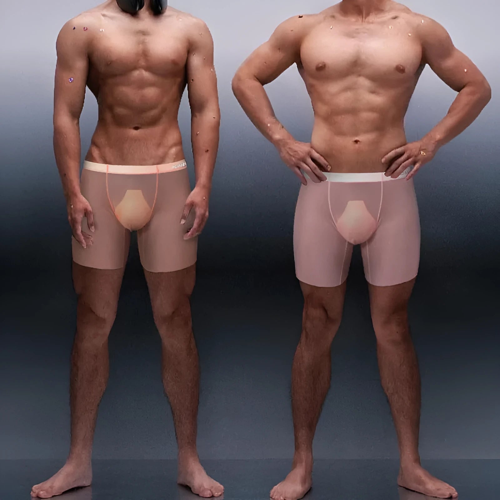 Seamless men's low-waist sports boxer shorts in orange nylon fabric, showing hip-lift design.