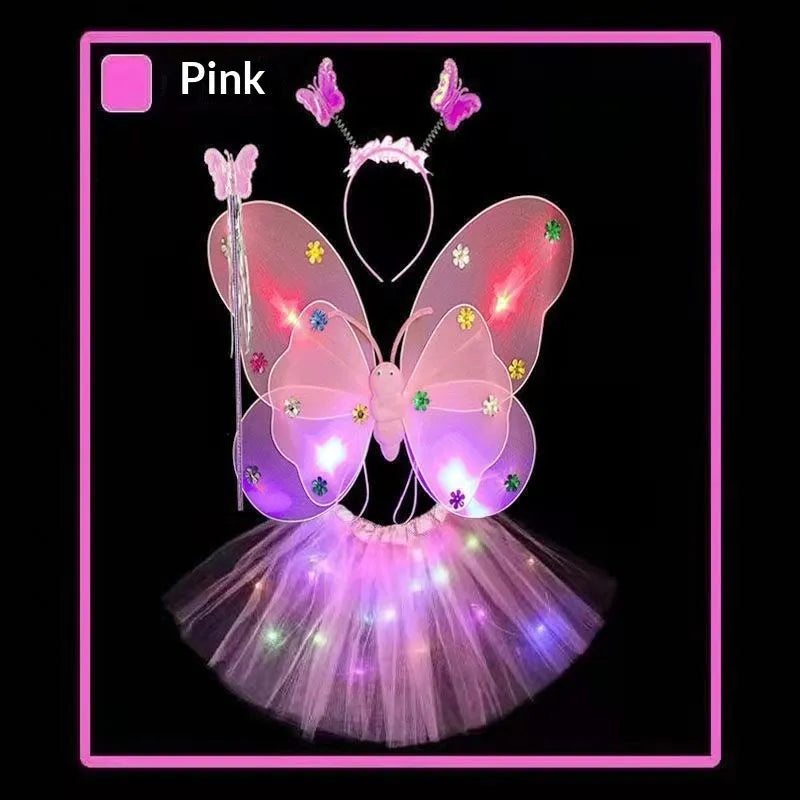 Creative glowing butterfly wings 4-piece set with luminous double-layer wings in pink colour