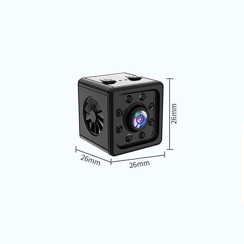 Small black cube-shaped K13 network sports camera with mounting bracket on a white background.