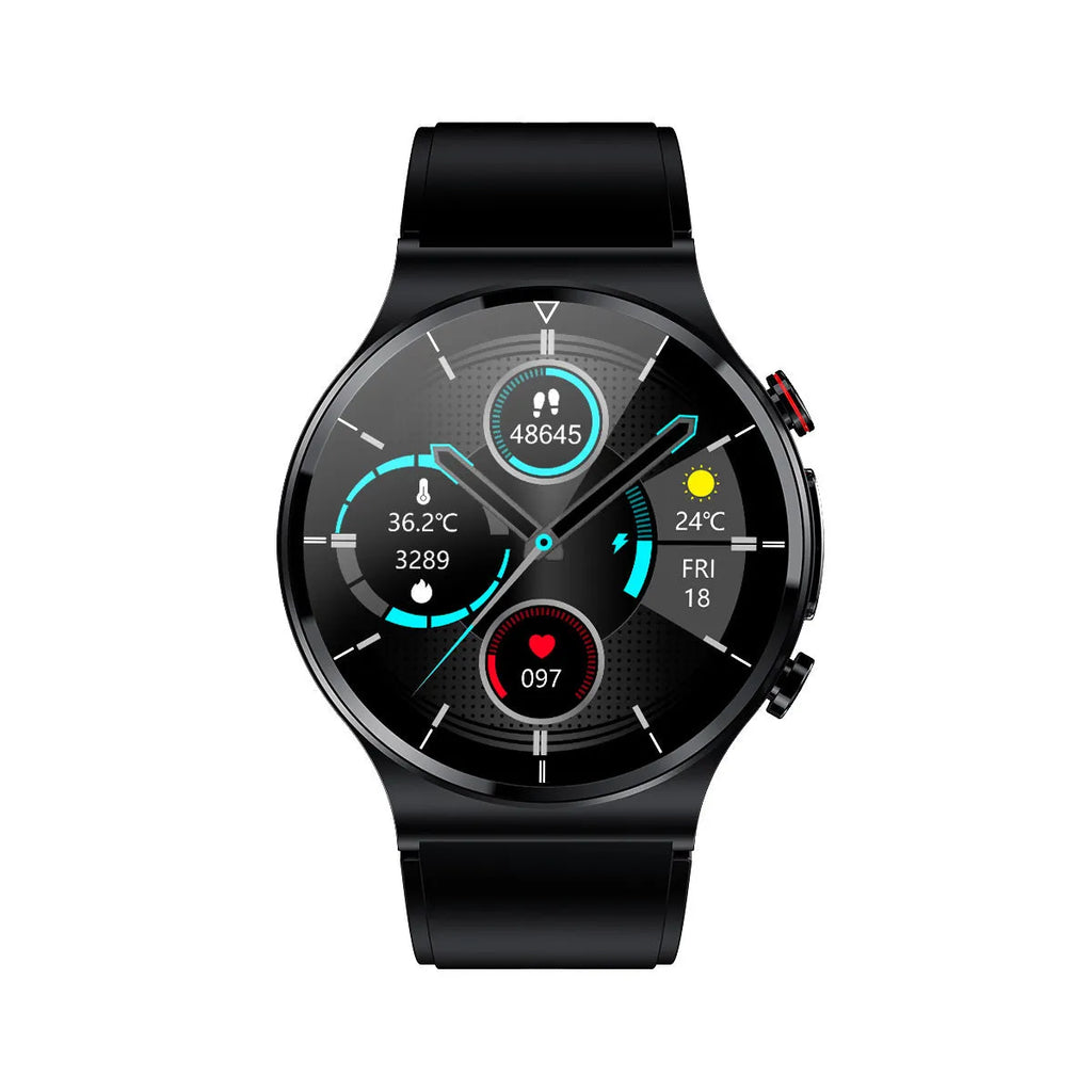 Smart watch with ECG monitoring, wireless charging, 1.32 inch screen, metal alloy case, and leather strap
