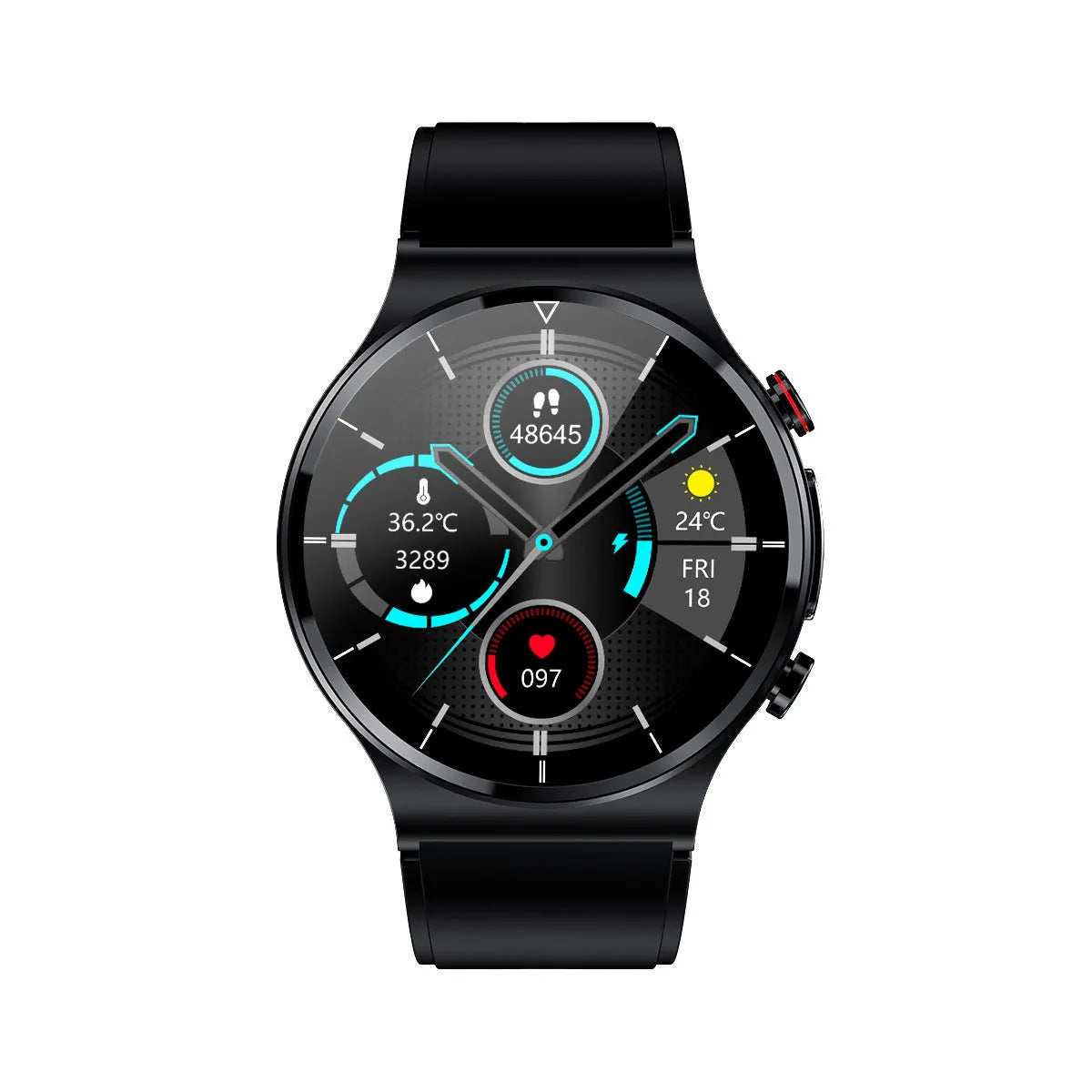 Smart watch with ECG monitoring, wireless charging, 1.32 inch screen, metal alloy case, and leather strap