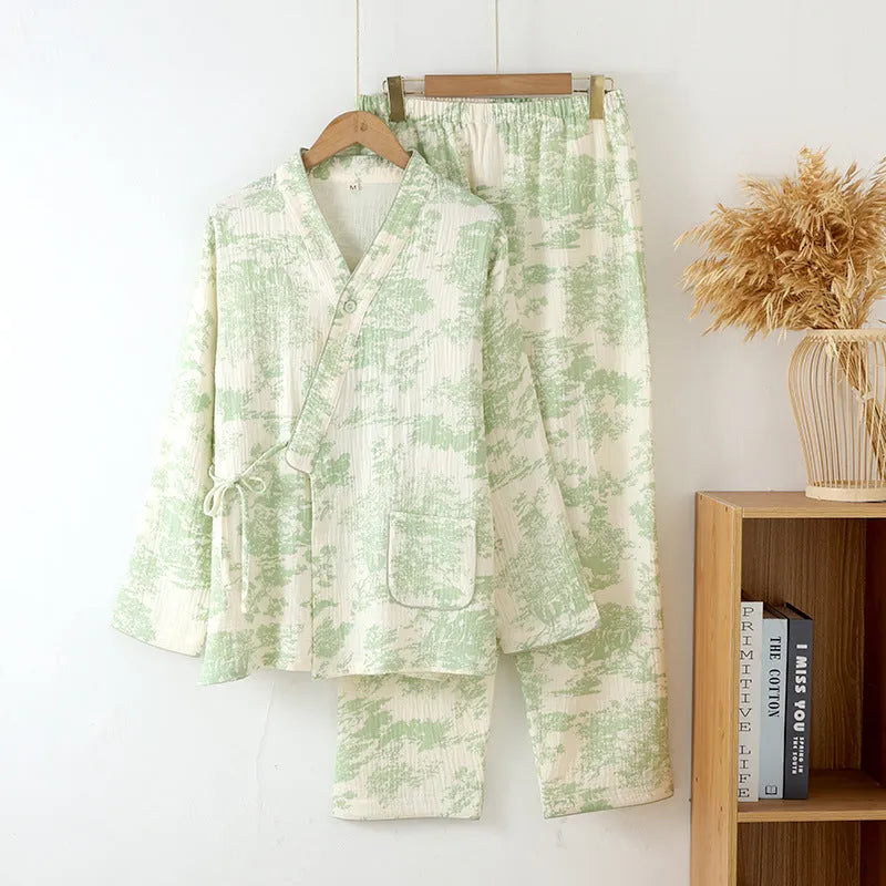 Women's long sleeve cotton gauze lounge suit set in blue frosted pine trees colour.