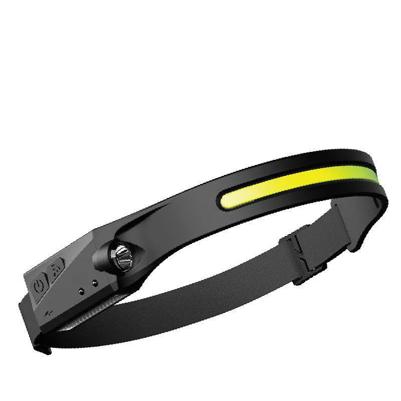 Black silicone USB rechargeable LED headlamp with side wave sensor, showing wide beam and long-range lighting.
