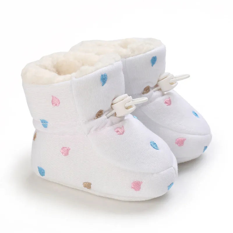 Thickened cotton baby shoes for autumn winter with non-slip sole and elastic band in black white, dark blue, gray, and pink