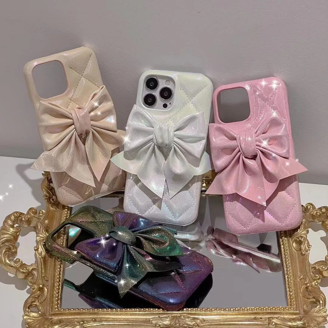 Bow phone case protective sleeve in pink leather style for iPhone 12 13 14 with fall protection