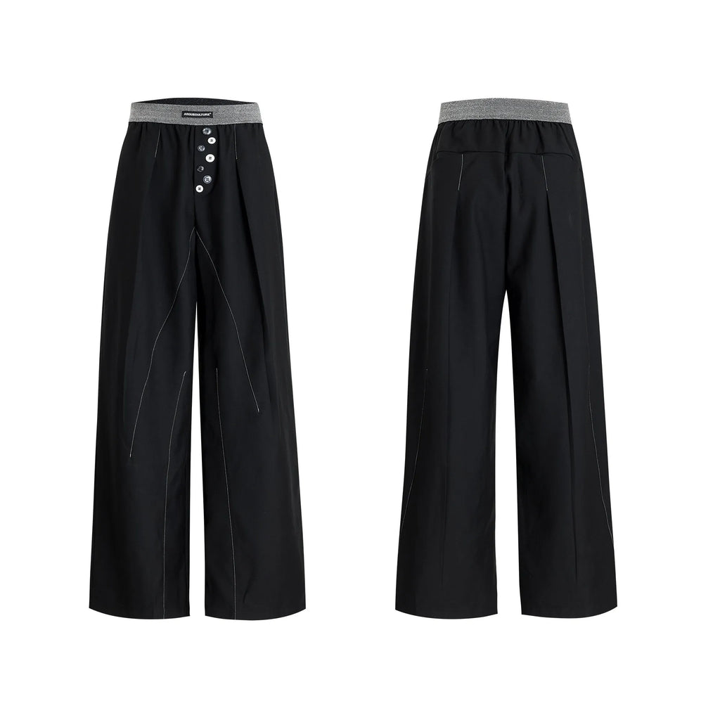 Straight-leg high-waist trousers with button-open line design in polyester cotton blend fabric