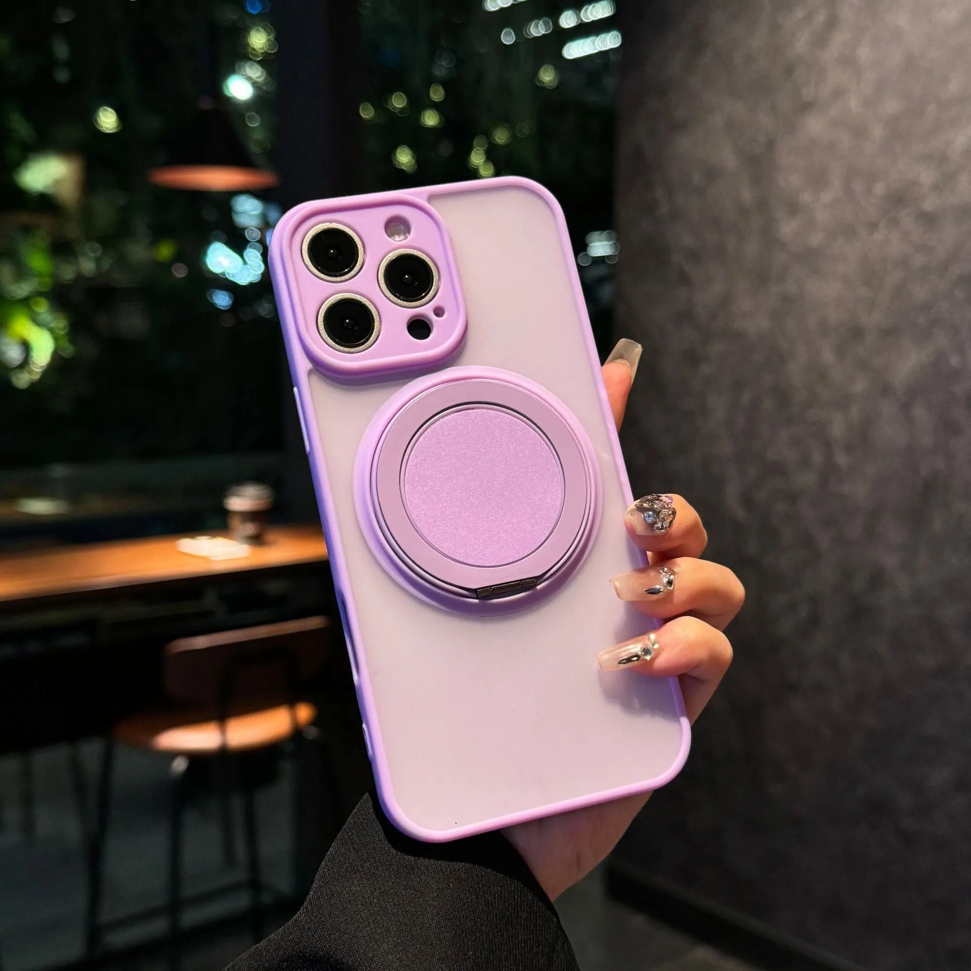 Frosted magnetic rotating bracket phone case for iPhone 17 in multiple colour options showing bracket extended