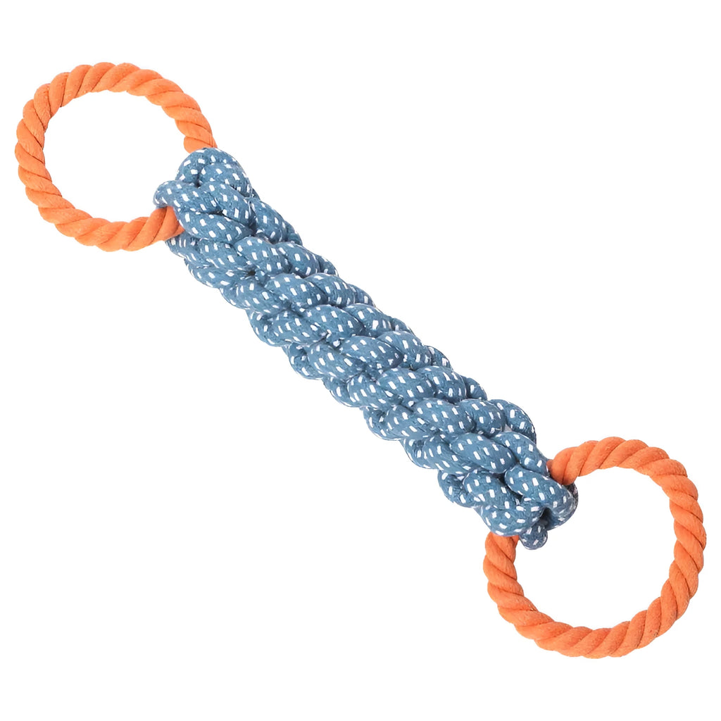 Blue double-ring braided cotton rope dog chew toy showing knot details and size against white background