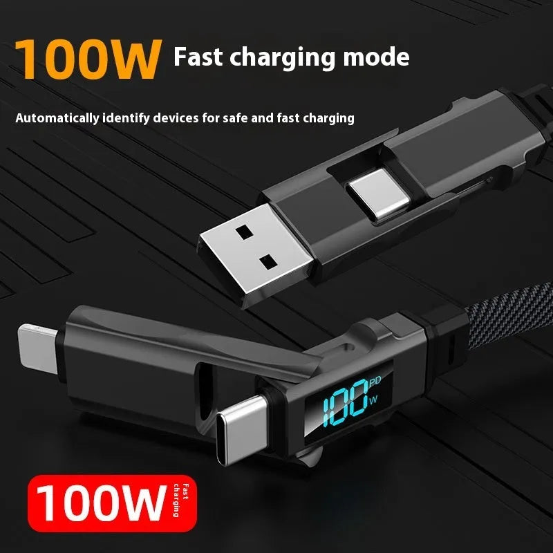 Black four-in-one charging cable with digital display and zinc alloy connectors on a surface