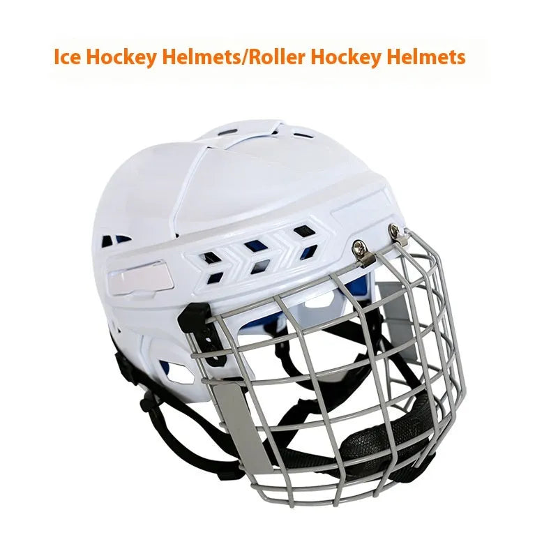 Ice hockey helmet with carbon steel face mask for head protection in S, M, L, XL sizes