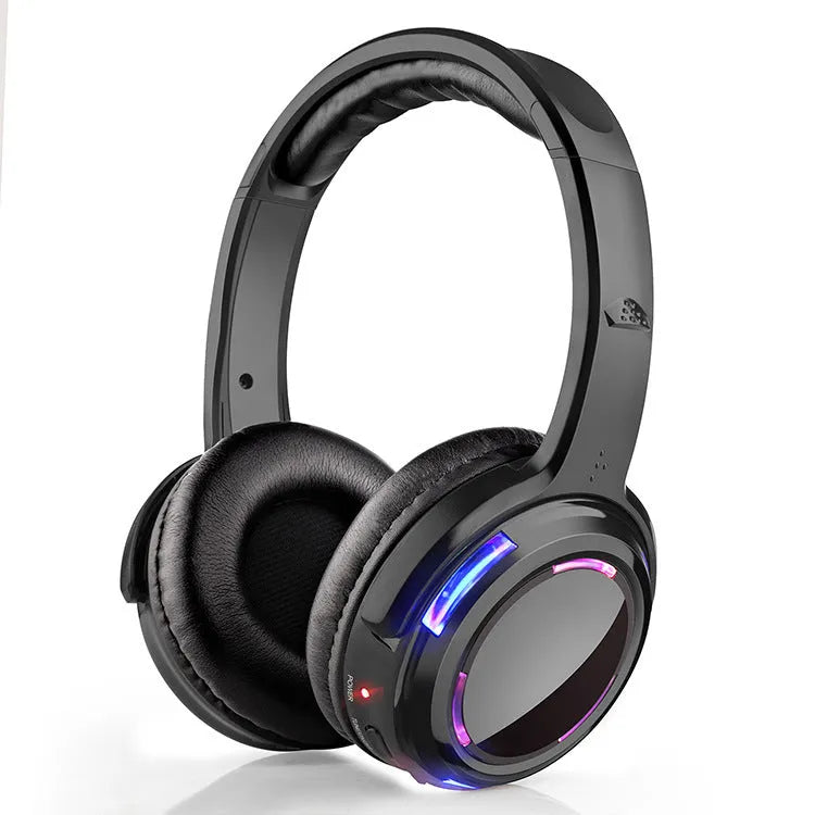 Black silent disco wireless headphones showing head-mounted design and 3.5mm plug.