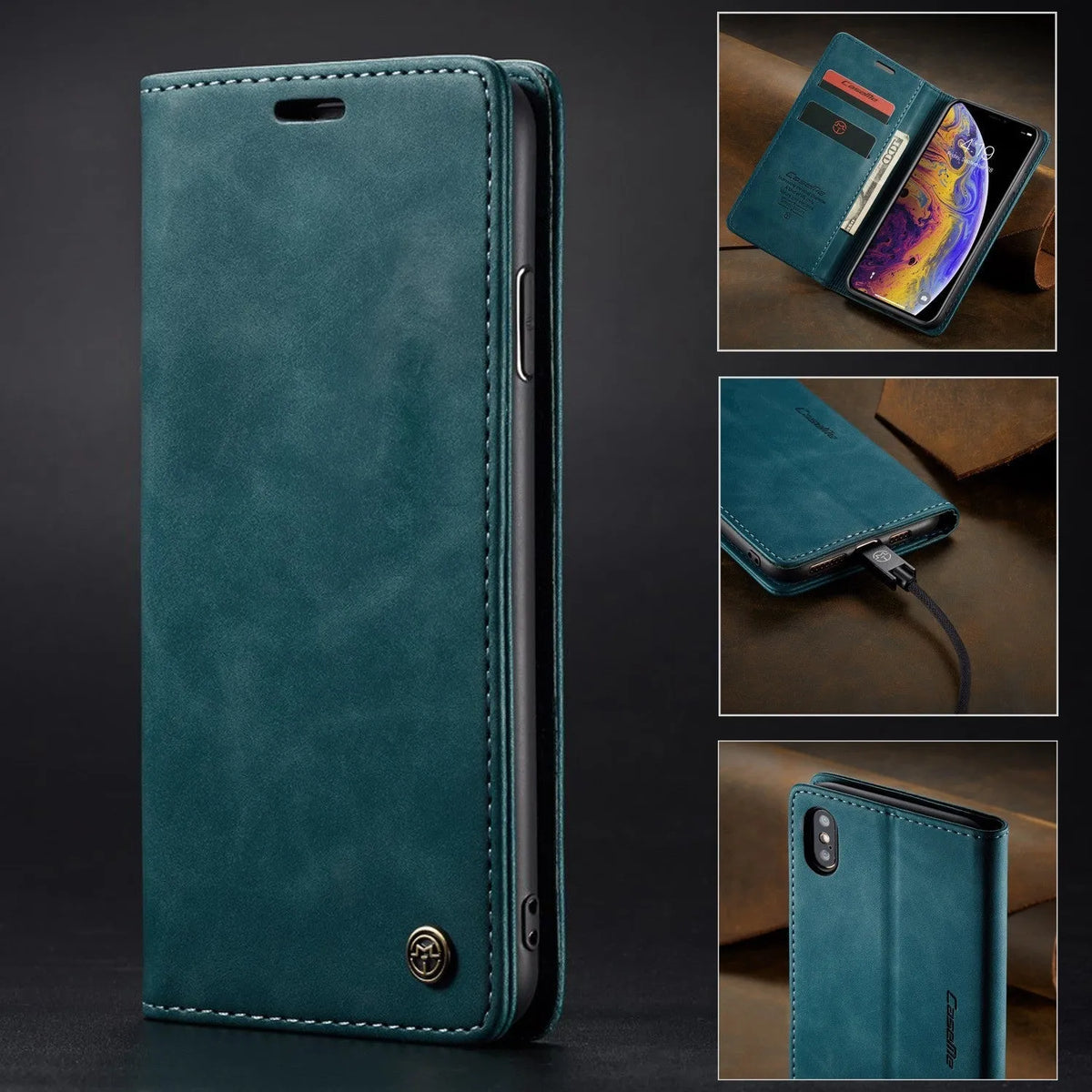 Imitation leather magnetic flip phone case with card holder for iPhone 14 in black