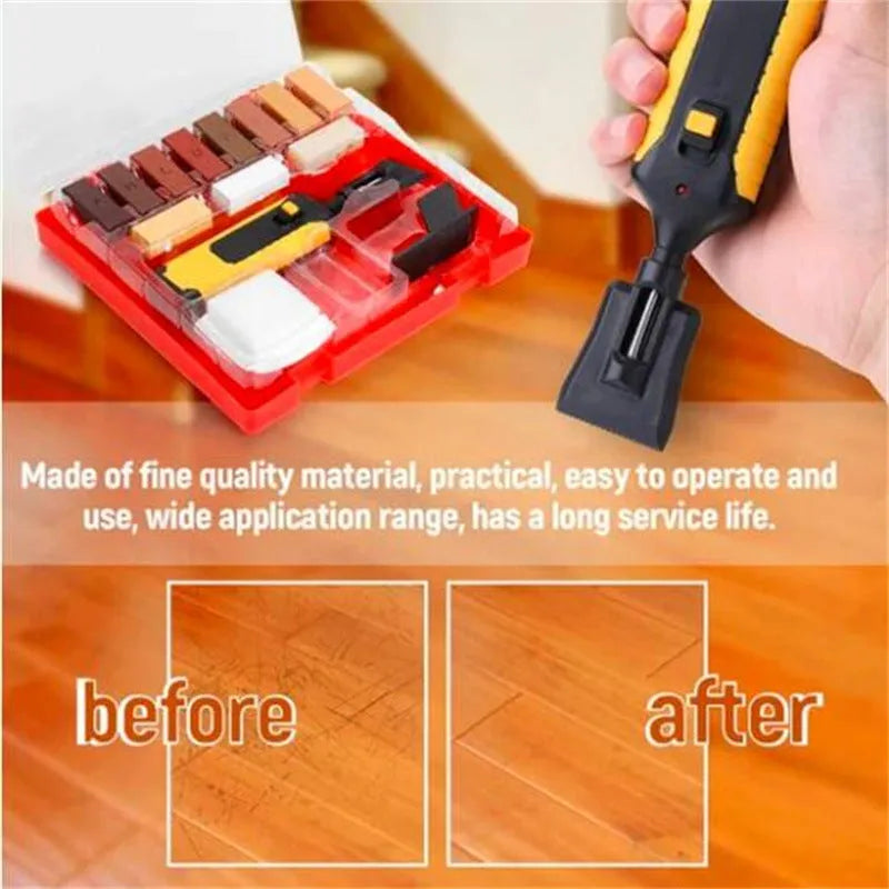 Floor repair kit with wax sticks and manual tools for DIY tile restoration