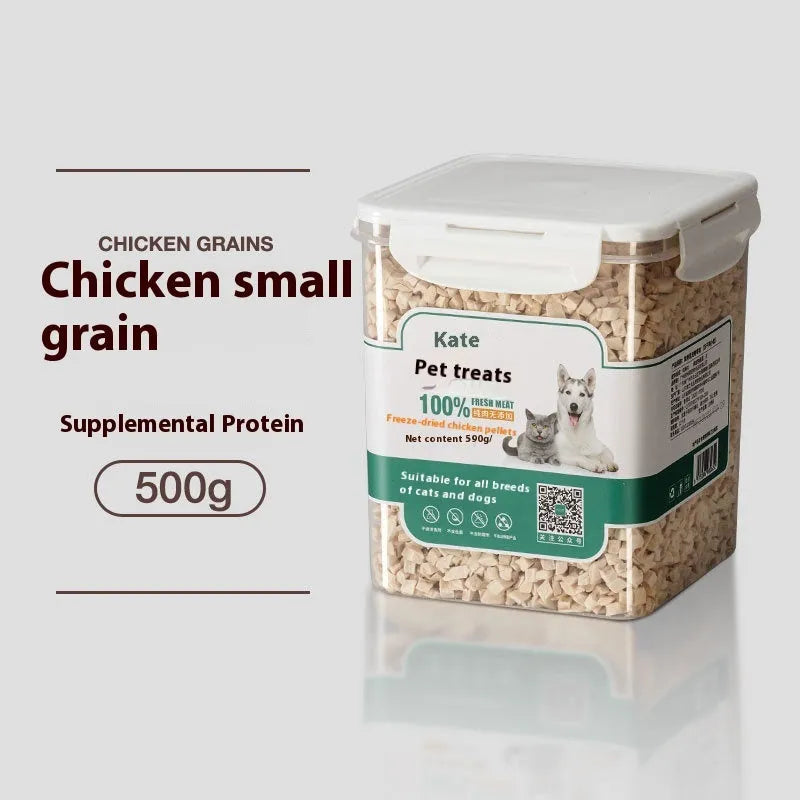 500g chicken freeze-dried cat treats in bag or can packaging showing high-grade chicken pieces