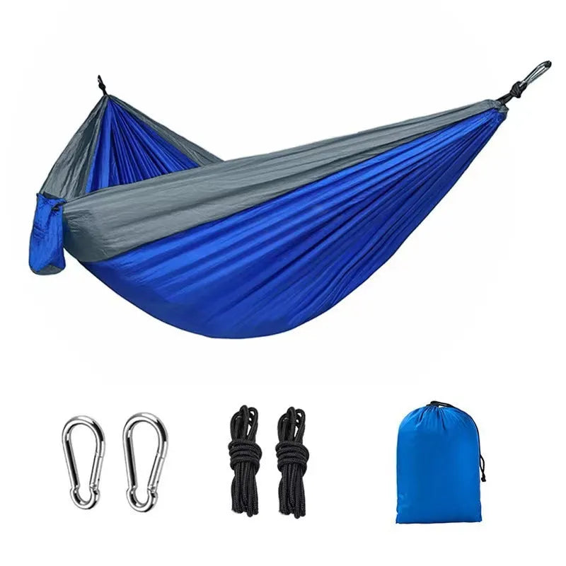 Outdoor camping hammock made of nylon spinning fabric in 270x140cm size, blue grey colour, with 300kg max load