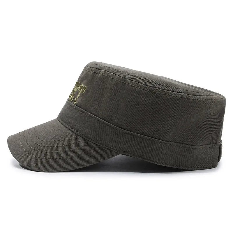 Men's flat-top peaked cap in cotton, shown in army green colour with an adjustable strap.