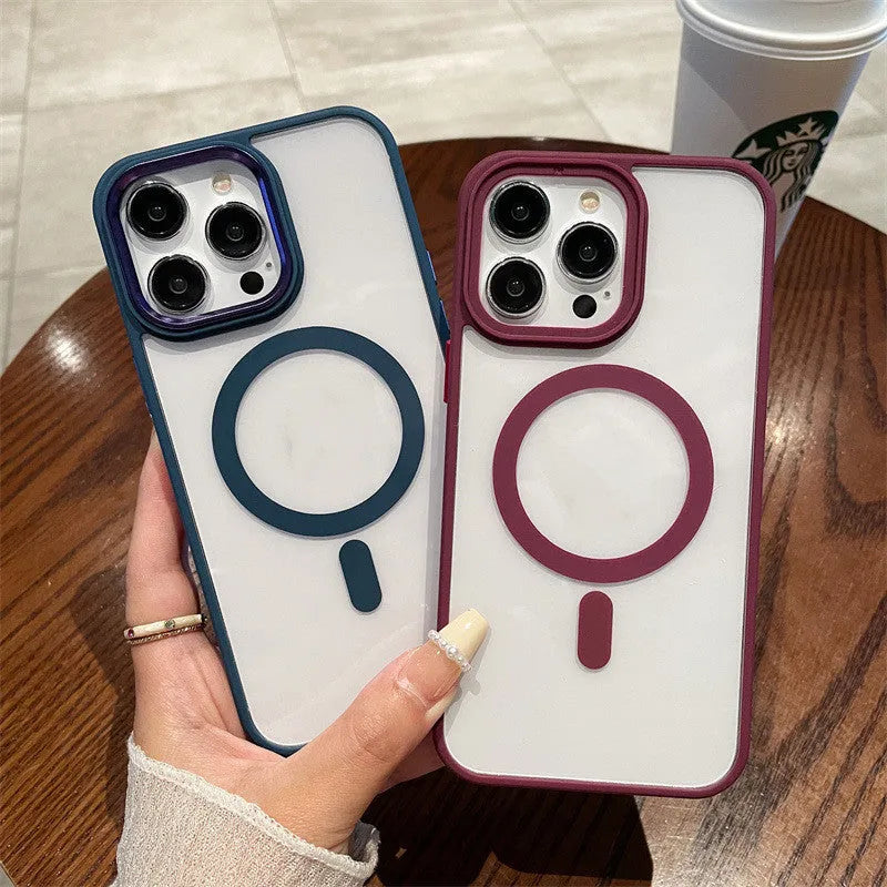 Acrylic magnetic soft edge phone case for Apple iPhone 11-15 series in black, showing camera cutout and soft bumper