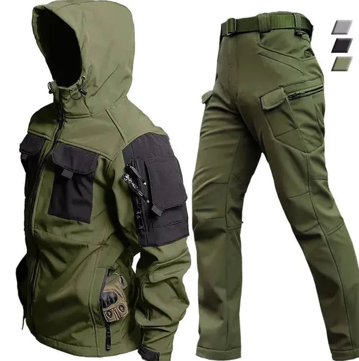 Men's fleece jacket and pants set in corduroy with hooded Korean style in army green beetle coat colour
