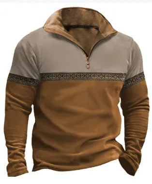 Man wearing a multicolour retro patchwork zip-front polo sweater.