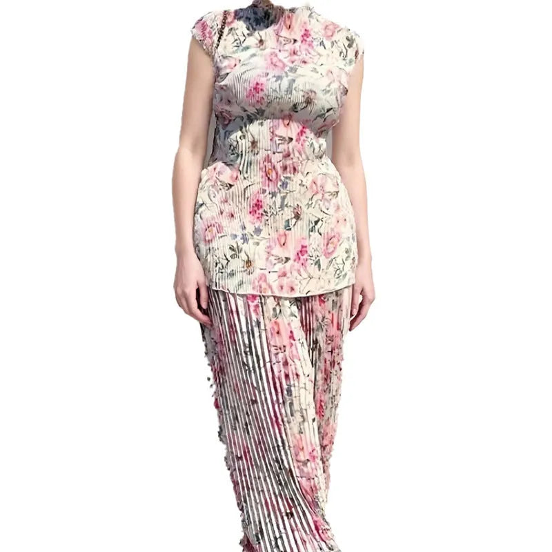 Women's long sleeve printed chiffon dress with high waist, complete two-piece set