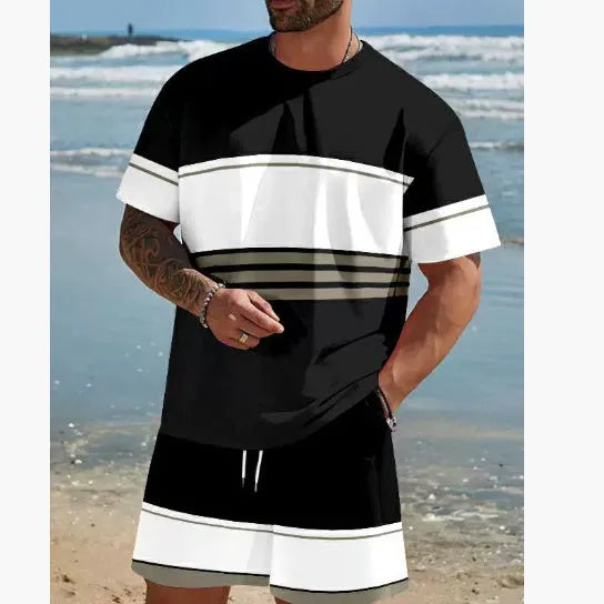 Man wearing a loose fit light blue short-sleeved t-shirt and matching shorts summer set.