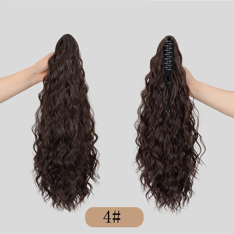 Corn curler wig with water ripple grip ponytail in synthetic high temperature fibre, shown in colour 1B.