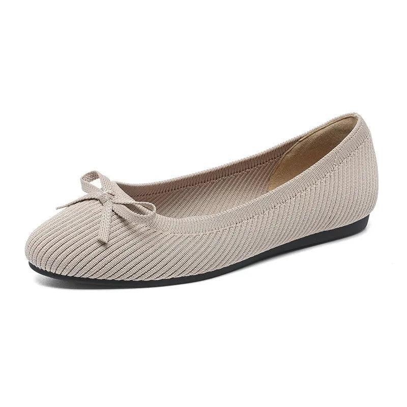 Women's round toe fabric flat pumps with bow detail and oversleeve design in butterfly black colour