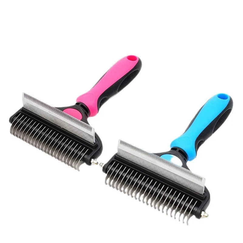 Two-in-one pet hair unknotting comb with stainless steel teeth and ABS TPR handle, available in black, blue, or pink