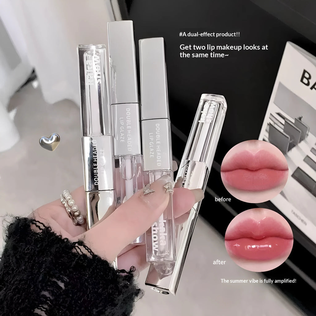 Double-ended matte velvet lip gloss set with five shades: Raspberry Sweet Peach, Candied Tomato, Cold Brew Oolong, Maple Honey Soft Candy, Peach Monroe