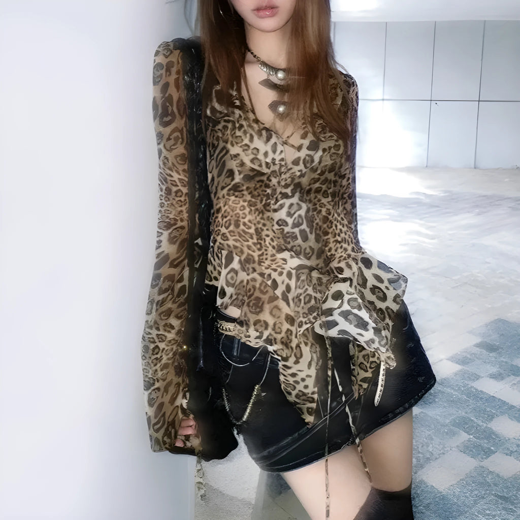 Women's retro leopard print V-neck long sleeve tie front slim fit polyester top in leopard print.