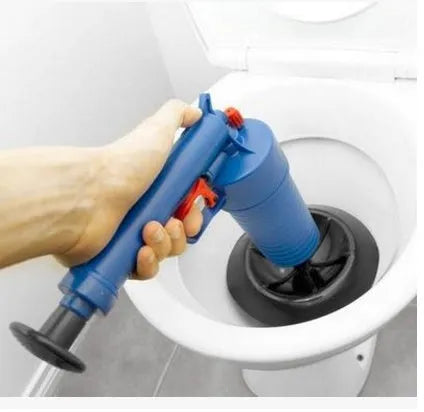 Plastic high-pressure air power drain blaster gun with four different size rubber adaptors for unblocking pipes.
