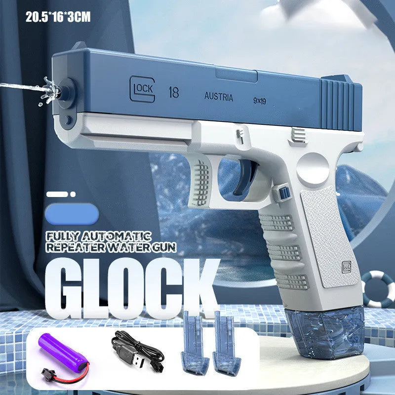 Blue electric water gun with USB charging cable and 358ml water capacity for outdoor play