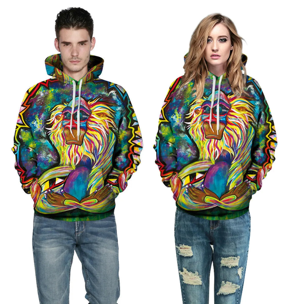 3D monkey print hoodie on a person, showing front pocket and full-colour graphic design