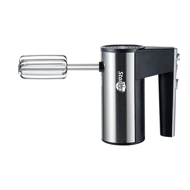 White electric handheld mixer with five-speed control buttons