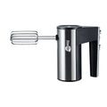 White electric handheld mixer with five-speed control buttons
