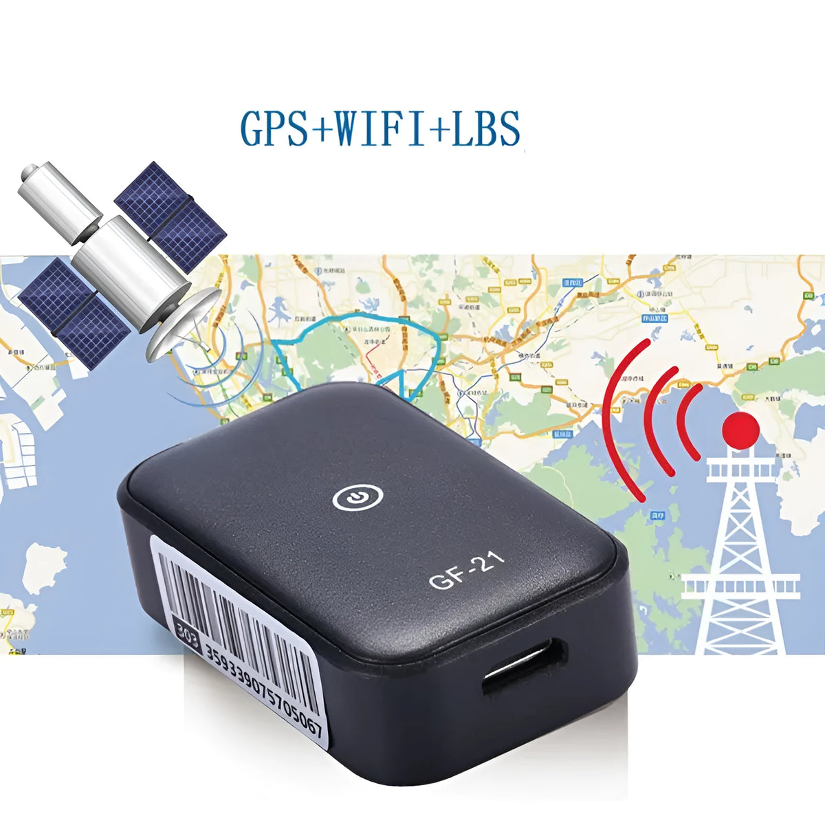 Black GPS child tracker with SOS and remote monitoring, size 2.6x1.3x4.3cm, plastic construction
