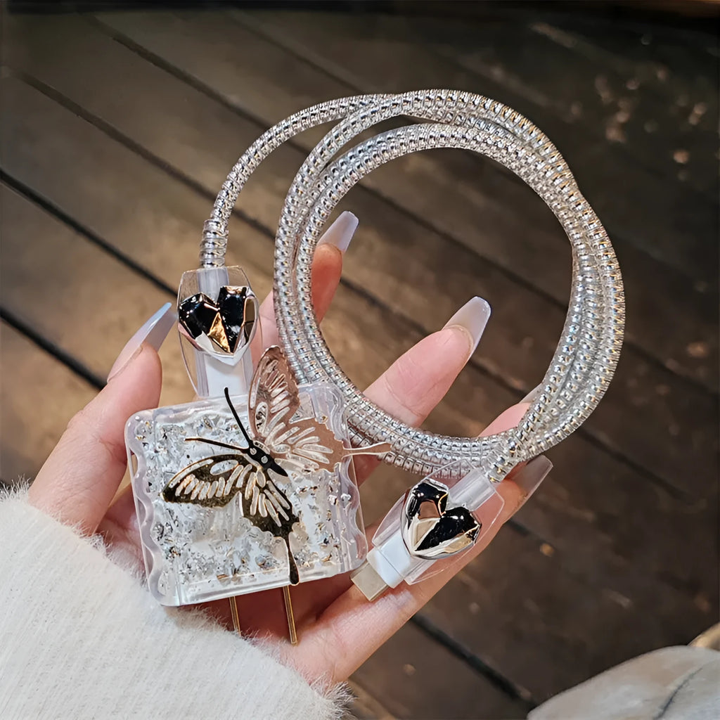 Three-dimensional butterfly USB cable protection sleeve with silver foil design for Apple 20W charger