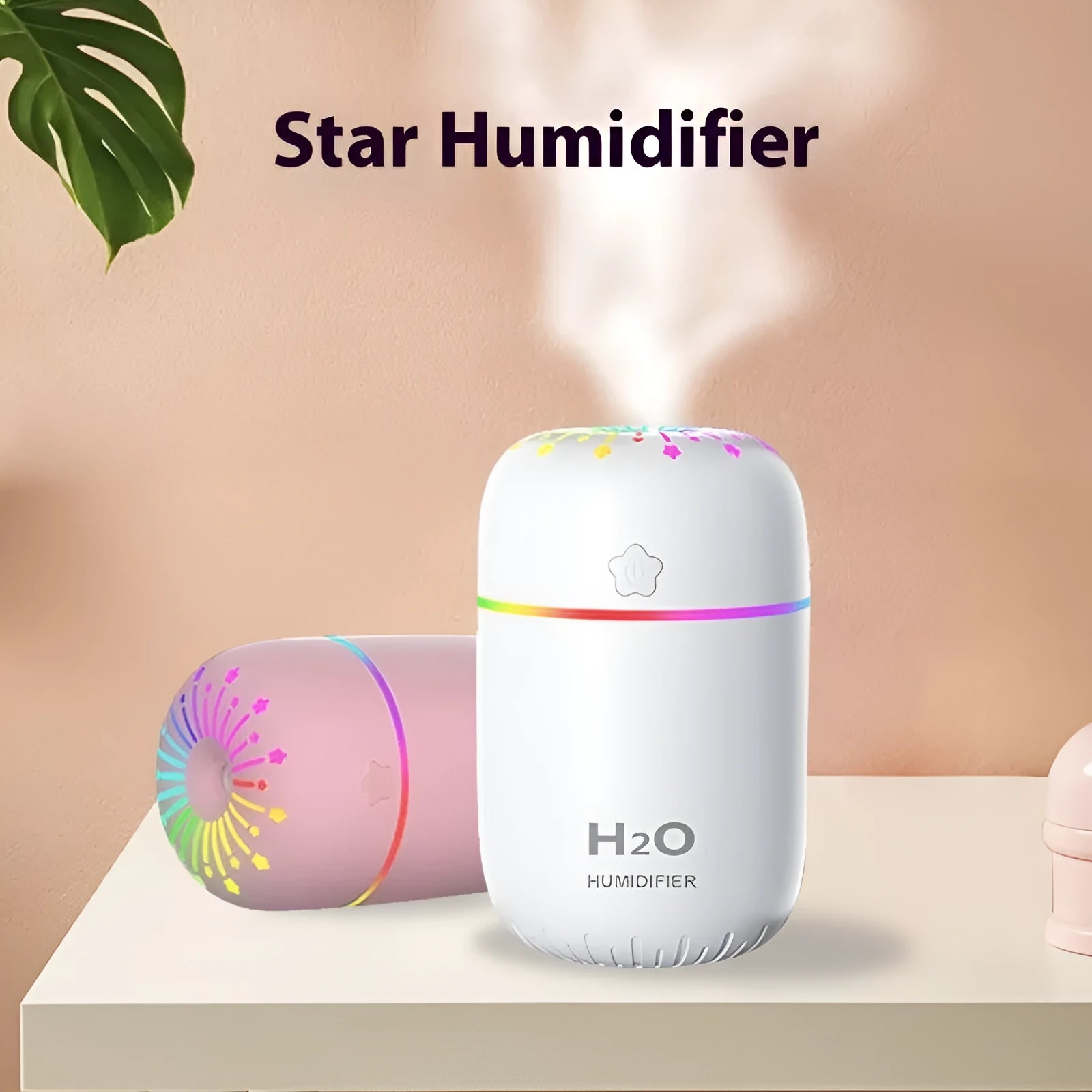 USB mini humidifier with fireworks design in green colour, showing compact 75x75x116mm dimensions