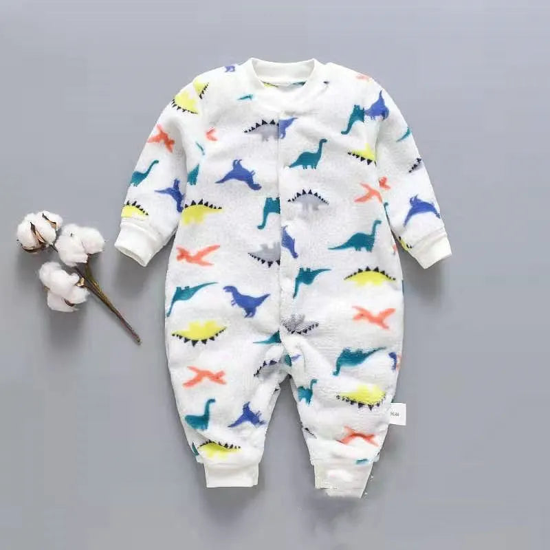 Baby wearing a long sleeve flannel romper with a panda print design