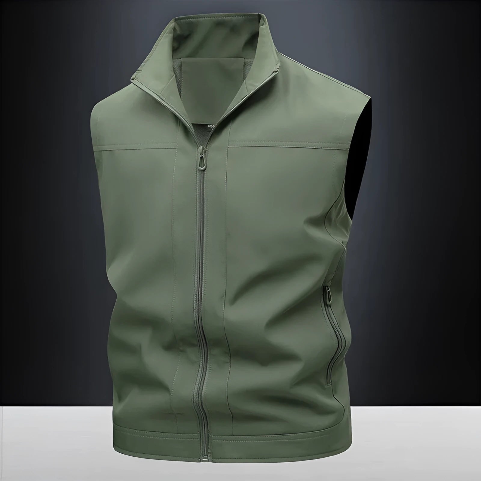 Men's casual horse shirt with stand-up collar in army green colour showing loose fit and breathable fabric