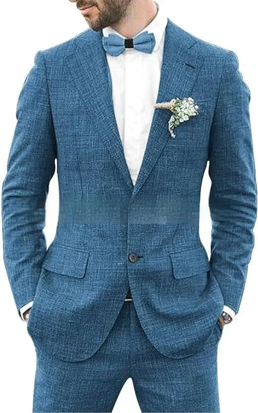 Men's linen hemp blend wedding suit in slim fit with jacket and trousers in dark blue colour