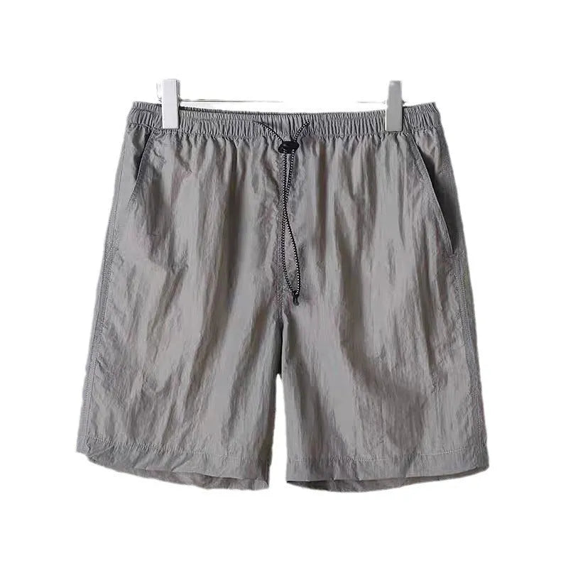Men's straight cut polyester sports shorts in army green, black, blue, or gray colours