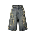 American Pu Shuai men's distressed raw edge denim shorts in straight-leg cropped cut.