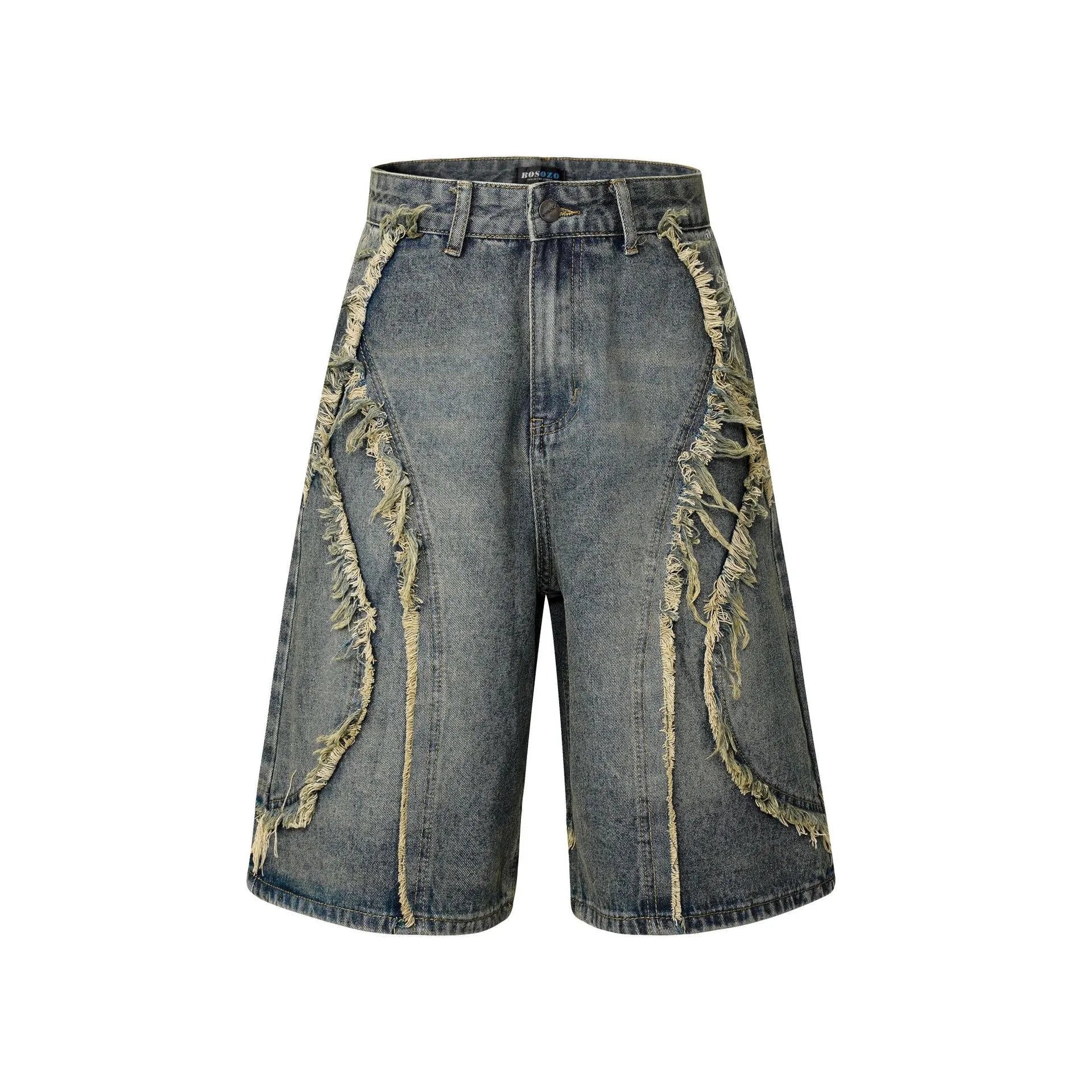American Pu Shuai men's distressed raw edge denim shorts in straight-leg cropped cut.