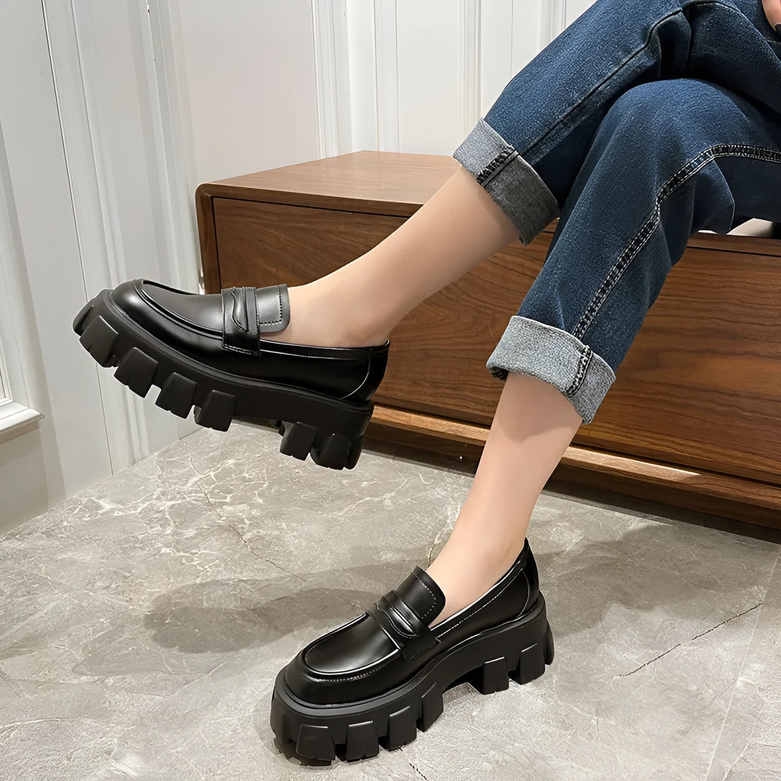 British wide-fit loafers in matte and patent leather with shallow opening and muffin heel design