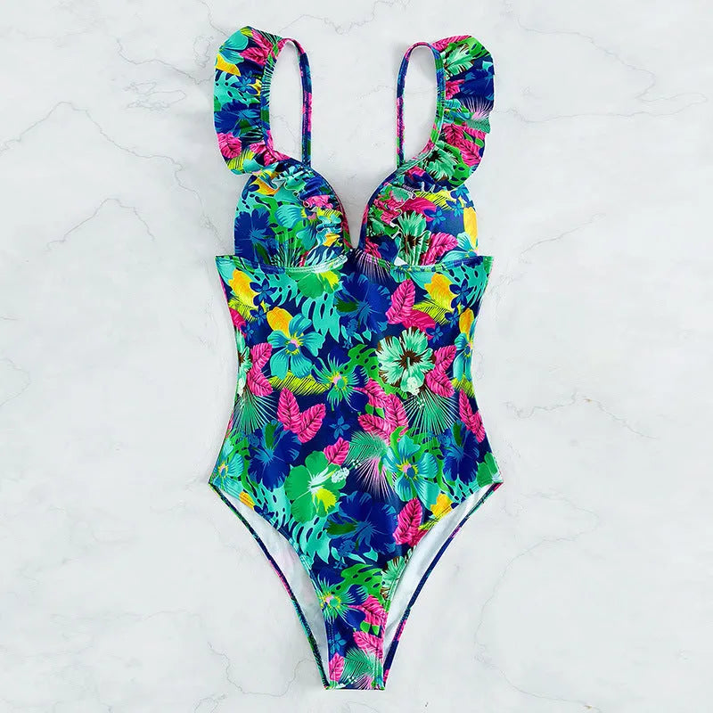 Women's backless printed one piece swimsuit with floral pattern in polyester fabric, S-XL sizes