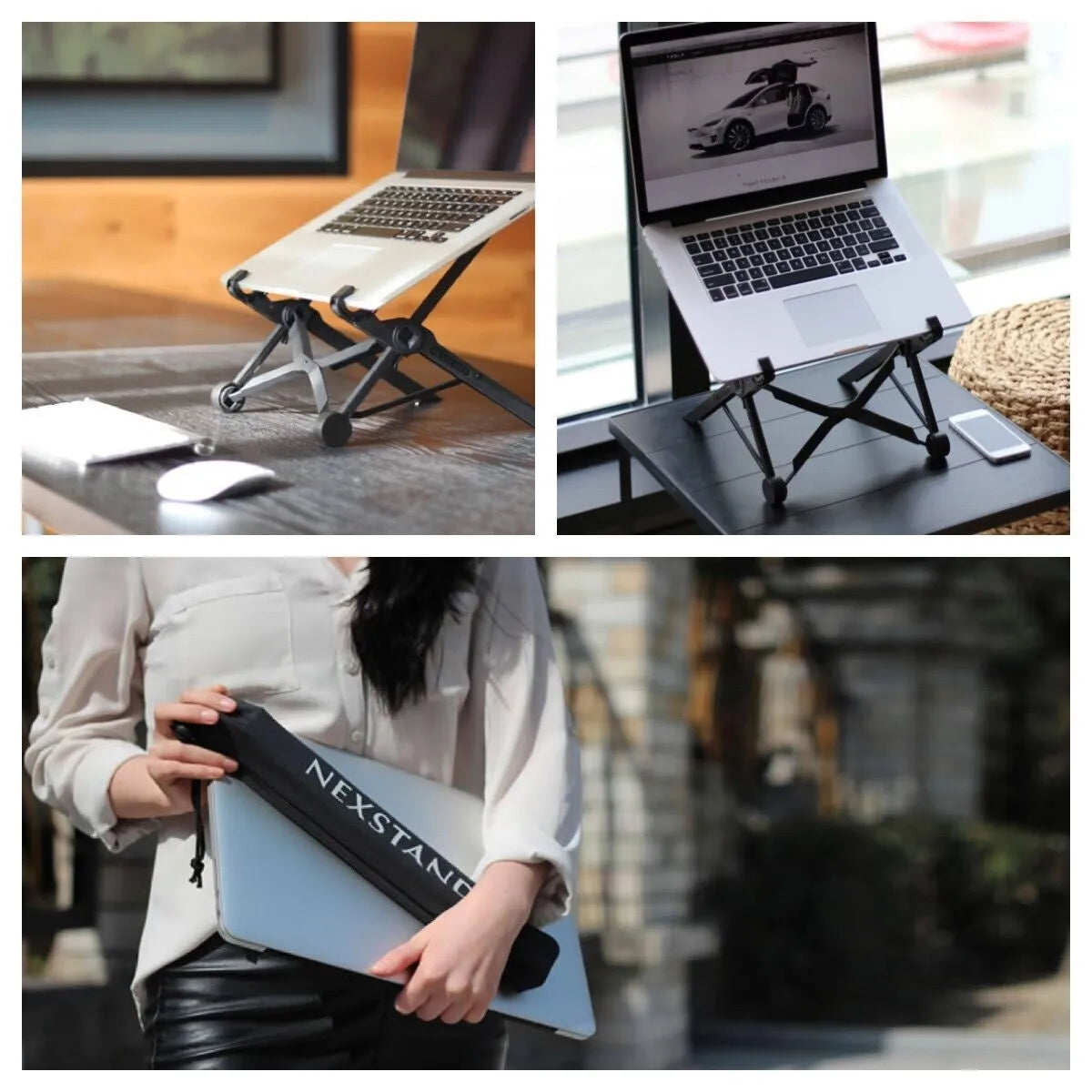 Sagacious black folding laptop stand with enhanced nylon construction showing portable design